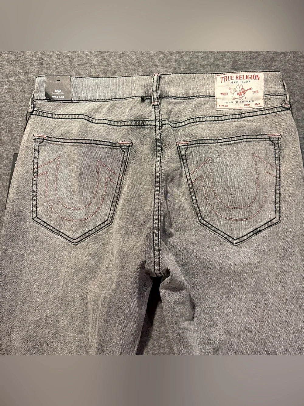 True Religion Jeans Mens 34x34 *Flaw* Gray Ricky Relaxed Straight Pink Stitching